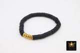 Initial Heishi Gold Stretchy Bracelet #795, Black and White Clay Rondelle Flat Beaded Bracelets, CZ Initial Stacks