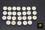 Gold Initial Acrylic Beads, 9 mm Alphabet Letter in White and Gold Big Raised Letters #2094, 200 Pc Flat Round Initial Bracelet beads