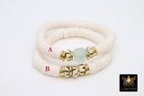 Bone and Mint Blue African Bead Gold Stretchy Bracelet #679, Blush White Heishi Clay Beaded Bracelet - A Girls Gems