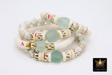 Bone and Mint Blue African Bead Gold Stretchy Bracelet #679, Blush White Heishi Clay Beaded Bracelet - A Girls Gems