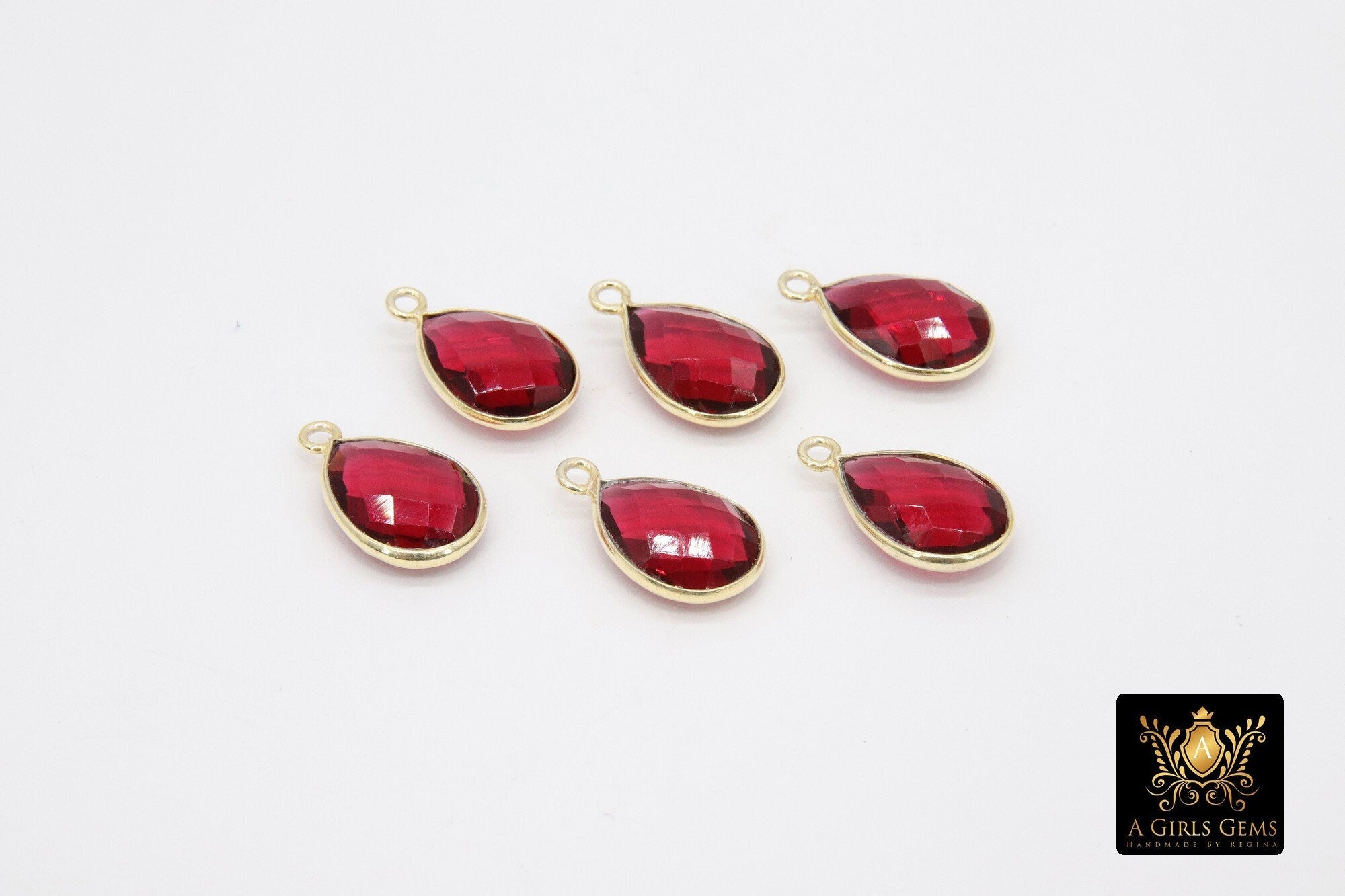 Pink Tourmaline Teardrop Charms, Gold Plated Oval Pink Gemstones #2855, Sterling Silver Red October Birthstone