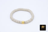 Initial Heishi Gold Stretchy Bracelet #698, Pink Beige and Bone Clay Rondelle Flat Beaded Bracelets, Gold Drum Stacks