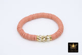 Beige Bone Heishi Gold Stretchy Bracelet #795, White and Light Clay Rondelle Flat Beaded 8 mm Bracelets, Gold Drum Stacks