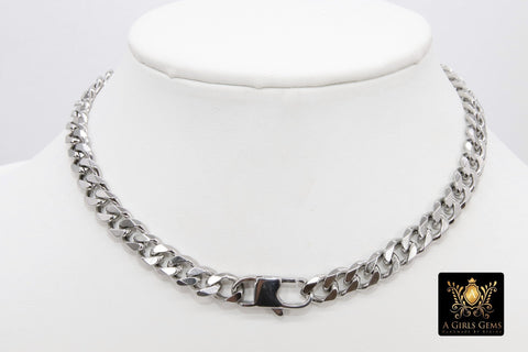 Gold Large Clasp Curb Chain Necklace, Silver Stainless Steel Cuban Diamond Cut Miami Flat Link Necklace, Women and Men Necklaces - A Girls Gems