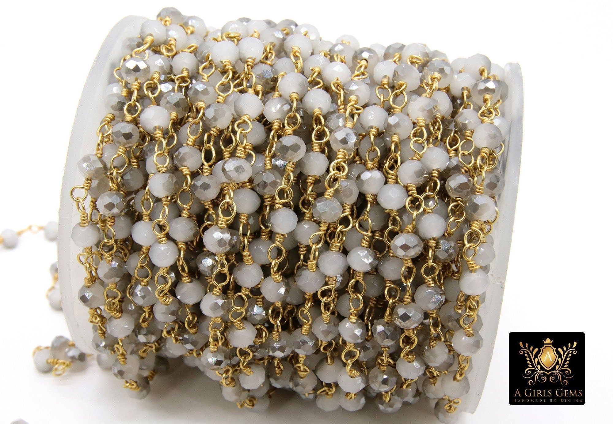 White Rosary Chain, 4 mm Light Gray White AB Beaded Chain CH #422, Gold Wire Wrapped Opalite