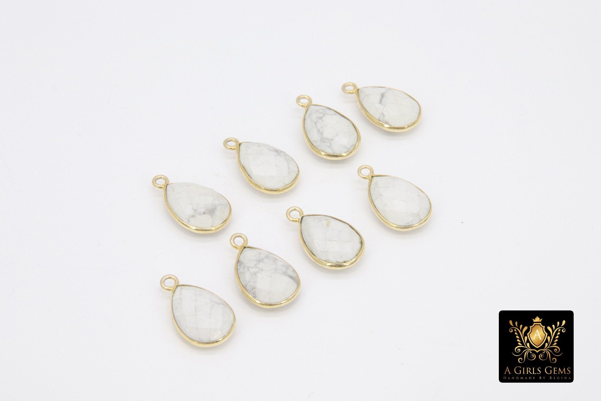 White Turquoise Teardrop Charms, Gold Plated Oval White Gemstones #2858, Sterling Silver Birthstone Pendants