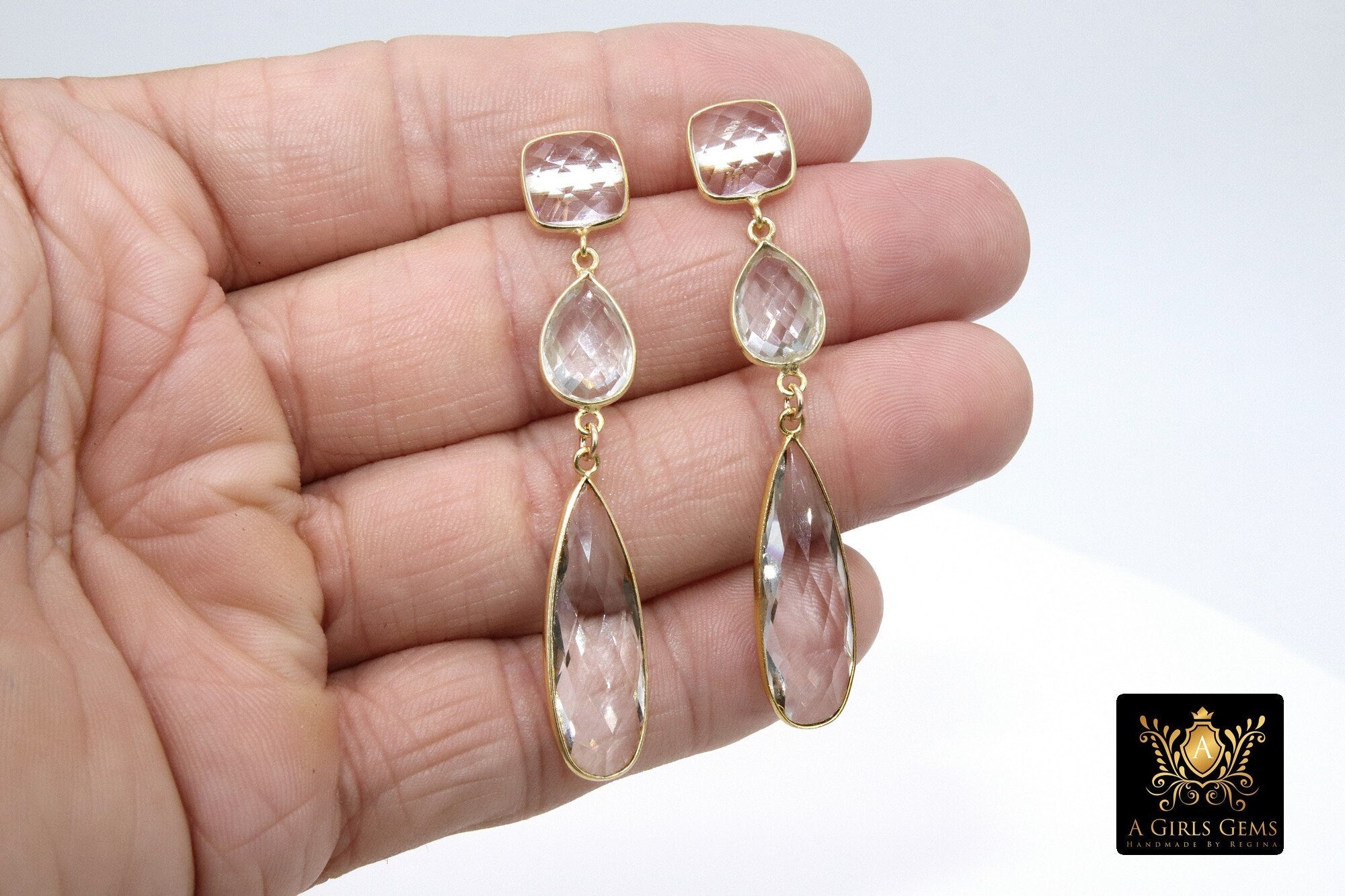 Clear Crystal Quartz Stud Earrings, Gold 925 Teardrop Gemstone, Long Clear Bridal Earrings - A Girls Gems