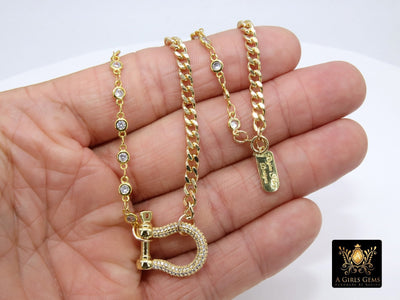 Gold CZ Curb Chain Necklace, Shackle CZ Dainty Choker, Stainless Steel Jewelry - A Girls Gems