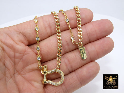 Gold CZ Curb Chain Necklace, Shackle CZ Dainty Choker, Stainless Steel Jewelry - A Girls Gems