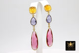 Citrine, Amethyst and Pink Tourmaline Stud Earrings, Gold 925 Teardrop Gemstone, Long Earrings - A Girls Gems