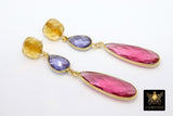 Citrine, Amethyst and Pink Tourmaline Stud Earrings, Gold 925 Teardrop Gemstone, Long Earrings