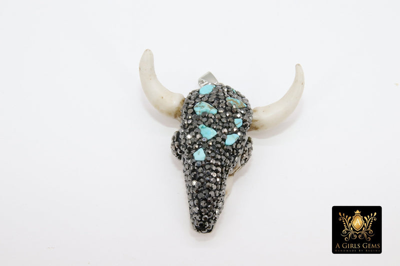 Natural Amethyst CZ Micro Pave Bone Cow Skull Pendant, Boho Longhorn Cattle - A Girls Gems