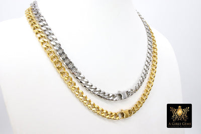 Gold Large Clasp Curb Chain Necklace, Silver Stainless Steel Cuban Diamond Cut Miami Flat Link Necklace, Women and Men Necklaces - A Girls Gems