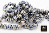 Tibetan Faceted Agate Beads, DZI Agate Black and Pearly Beige Stipe Color Beads BS #179, sizes 10 mm 14.5 inch FULL Strands