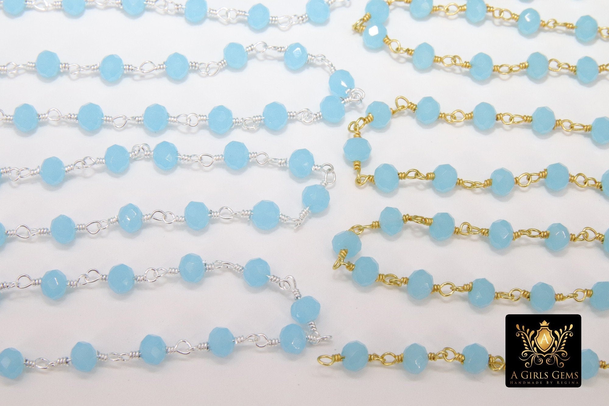 Aqua Blue Chalcedony Rosary Chain, 4 mm Silver Wire Wrapped Chains CH #409, Boho Beaded Chains