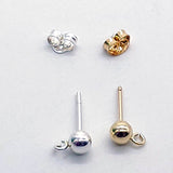 14 K Gold Filled 4 mm Round Ball Earrings, 925 Sterling Silver Stud Post #2128, Findings with Open Loop