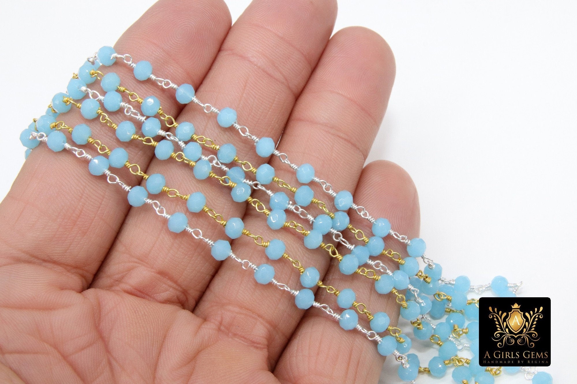 Aqua Blue Chalcedony Rosary Chain, 4 mm Silver Wire Wrapped Chains CH #409, Boho Beaded Chains