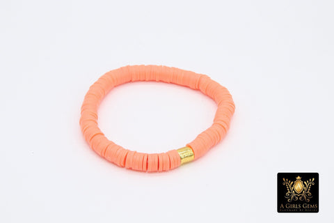 Heishi Beaded Bracelet, Blue Orange White Gold Stretchy Bracelet #698, Auburn Tiger Team School Spirit Clay Beaded Bracelets