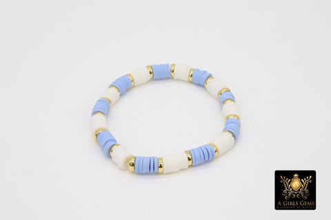 Heishi Beaded Bracelet, Pink White Blue Baby Shower Gold Stretchy Bracelet #698, Boy Girl Beaded Stacks, Reveal Party Jewelry Gifts - A Girls Gems