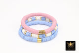 Heishi Beaded Bracelet, Pink White Blue Baby Shower Gold Stretchy Bracelet #698, Boy Girl Beaded Stacks, Reveal Party Jewelry Gifts