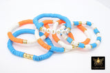 Heishi Beaded Bracelet, Blue Orange and Gold White Stretchy Bracelet #698