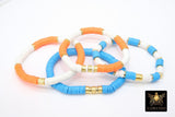 Heishi Beaded Bracelet, Blue Orange and Gold White Stretchy Bracelet #698 - A Girls Gems
