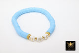 Heishi Beaded Bracelet, Blue White and Gold Stretchy Bracelet #698, UNC Team Spirit Clay Beaded Bracelets