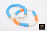 Heishi Beaded Bracelet, Blue Orange and Gold White Stretchy Bracelet #698 - A Girls Gems