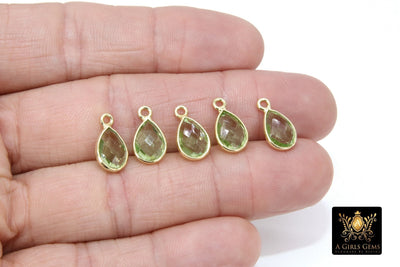 Green Amethyst Teardrop Charms, Gold Plated Faceted Light Green Gemstones #2837, Sterling Silver Birthstone Pendants, 8x14 mm