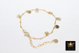 14 K Gold Filled Dangle Disc Bracelet, 14 K Gold Filled Sequin Long Bar Anklet #2077, Adjustable Charm Bracelet