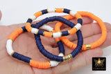 Heishi Beaded Bracelet, Navy Blue Orange White Gold Stretchy Bracelet #698