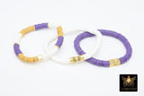LSU Heishi Beaded Bracelet, 6 mm Purple White Gold Stretchy Bracelet #795, Square Heishi Tigers Mom Team Spirit Clay Beaded Bangles