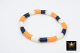 Heishi Beaded Bracelet, Navy Blue Orange White Gold Stretchy Bracelet #698 - A Girls Gems