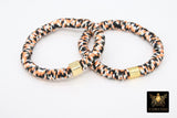 Heishi Clay Beaded Bracelet, Black, Orange White Gold Stretchy Bracelet #698