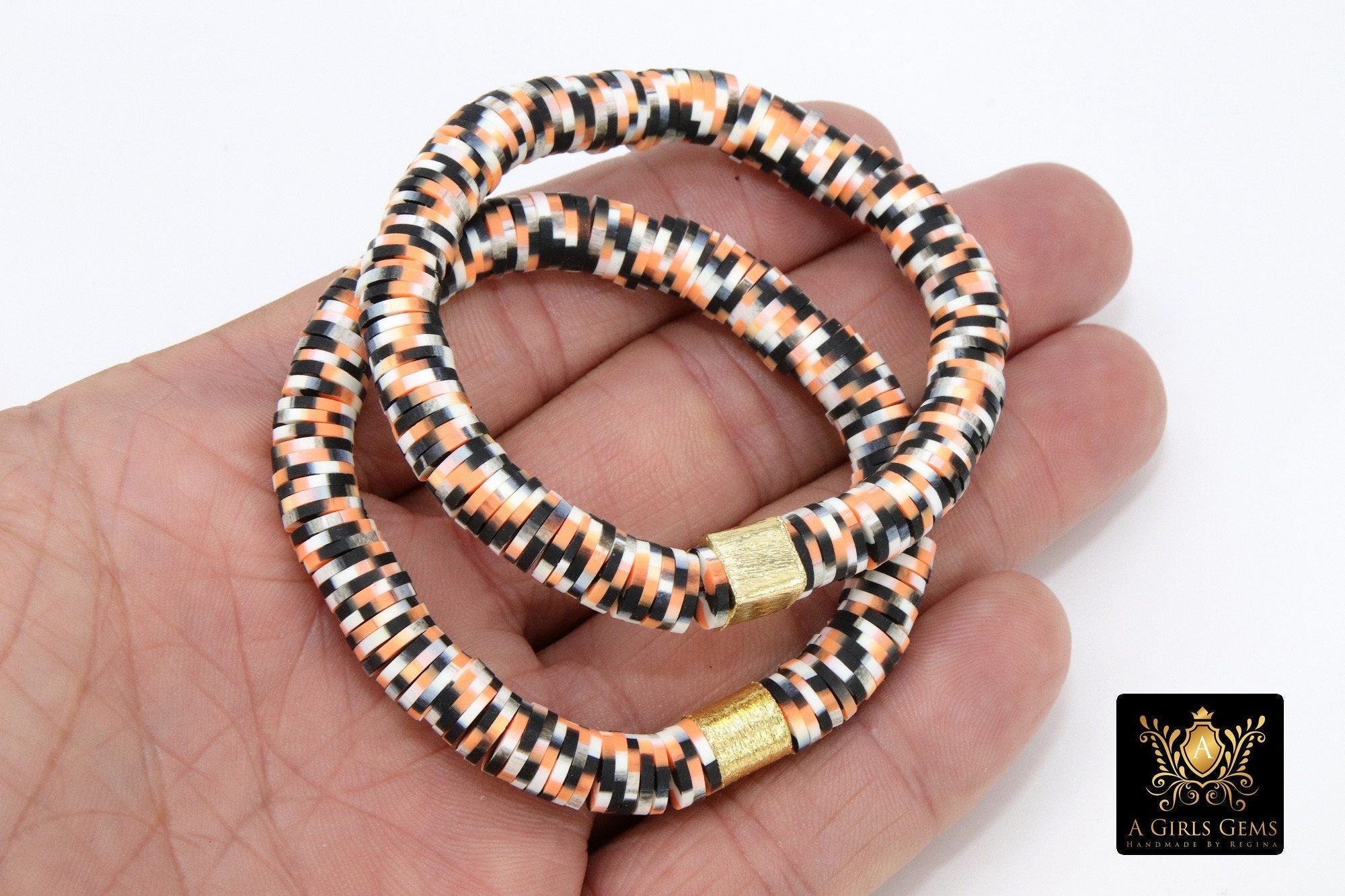 Heishi Clay Beaded Bracelet, Black, Orange White Gold Stretchy Bracelet #698 Square Drum