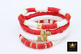 Heishi Beaded Bracelet, Red and White Square Gold Stretchy Bracelet #698