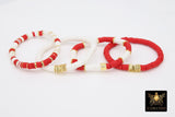 Heishi Beaded Bracelet, Red and White Square Gold Stretchy Bracelet #698
