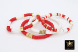 Heishi Beaded Bracelet, Red and White Square Gold Stretchy Bracelet #698, Alabama Fan Team School Spirit Clay Beaded Bracelets
