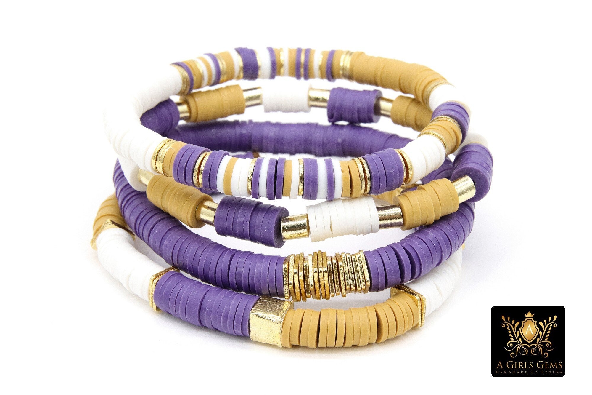 Heishi Beaded Bracelet, Purple and Gold Stretchy Bracelet #698, LSU Tiger Team Spirit Clay Beaded Bracelets #1 Yellow Bead/LSU