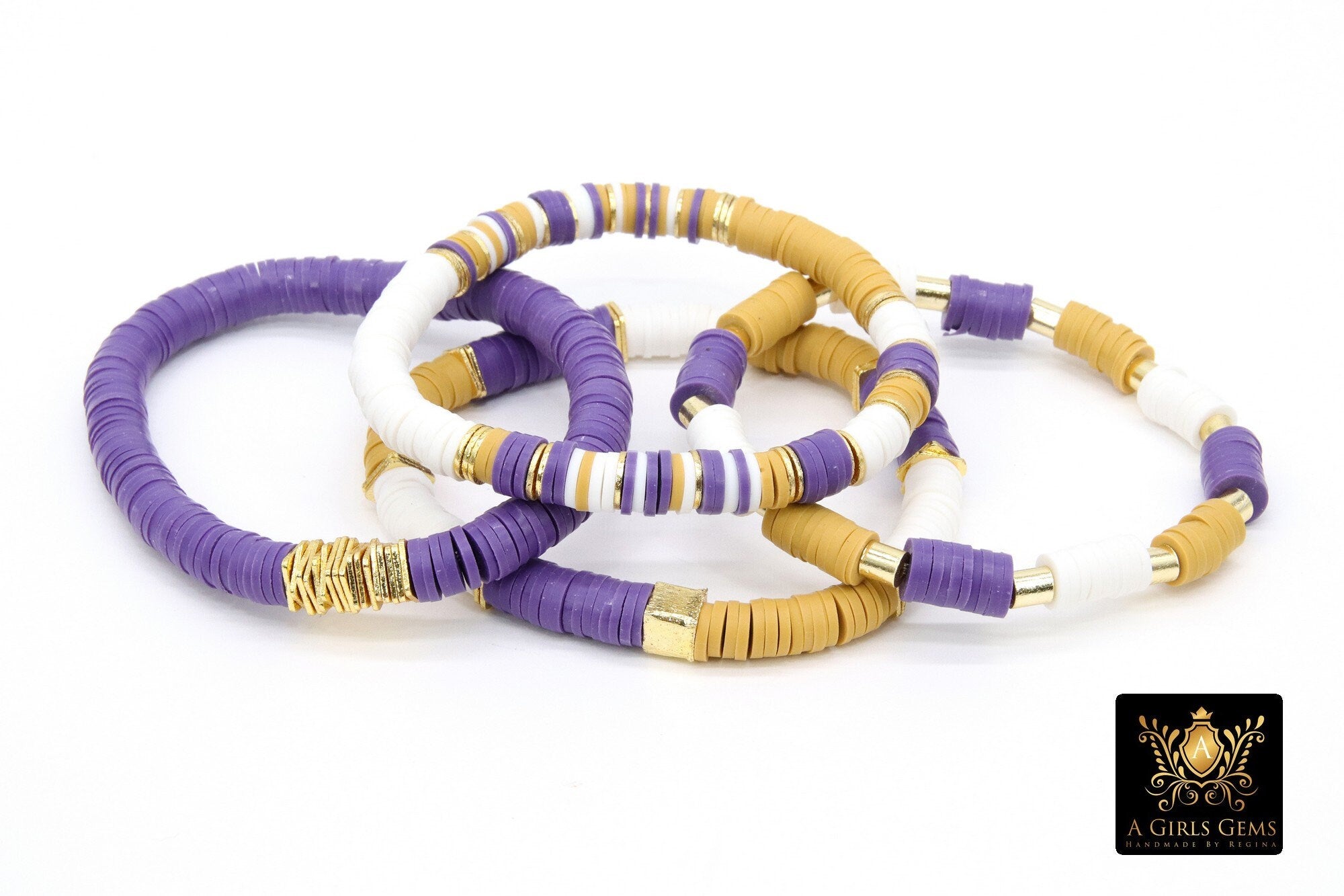 LSU Heishi Beaded Bracelet, 6 mm Purple White Gold Stretchy Bracelet # – A  Girls Gems