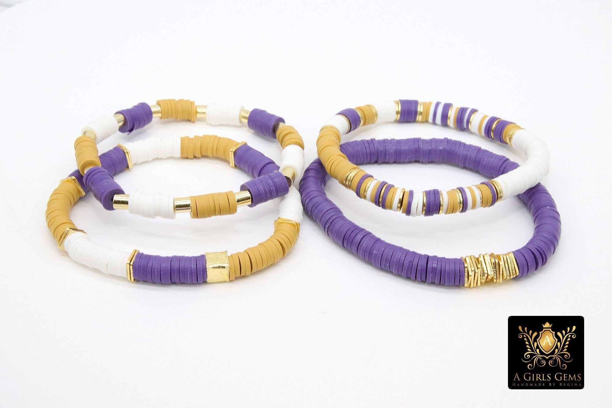 LSU Heishi Beaded Bracelet, Purple White Gold Stretchy Bracelet #795, Ravens Team Spirit Clay Beaded Bracelets Purple/GoldHeishi