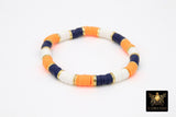 Heishi Beaded Bracelet, Navy Blue Orange White Gold Stretchy Bracelet #698, Auburn Tiger Team School Spirit Clay Beaded Bracelets