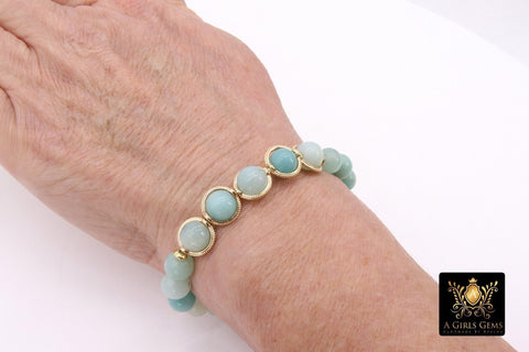 Amazonite Saturn Bracelet, Genuine 8 mm Amazonite Blue Gemstone Beaded Stretchy Bracelet, Gold Saturn Ring Stretch Cord