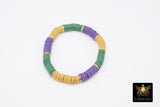Mardi Gras Heishi Beaded Bracelet, 6 mm Purple Green Gold Saturn Stretchy Bracelet #795, New Orleans Clay Beaded Bracelets