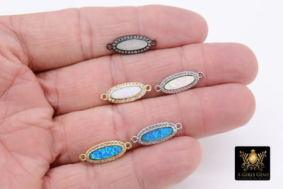 Opal CZ Pave Bar Oval Connectors, Gold Blue Opal Links, Black and Silver Plated Cubic Zirconia Bracelet Bars