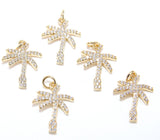 Gold Palm Tree Charms, CZ Micro Pave Coconut Tree Charms #387, Cubic Zirconia 14 x 18 mm Charms