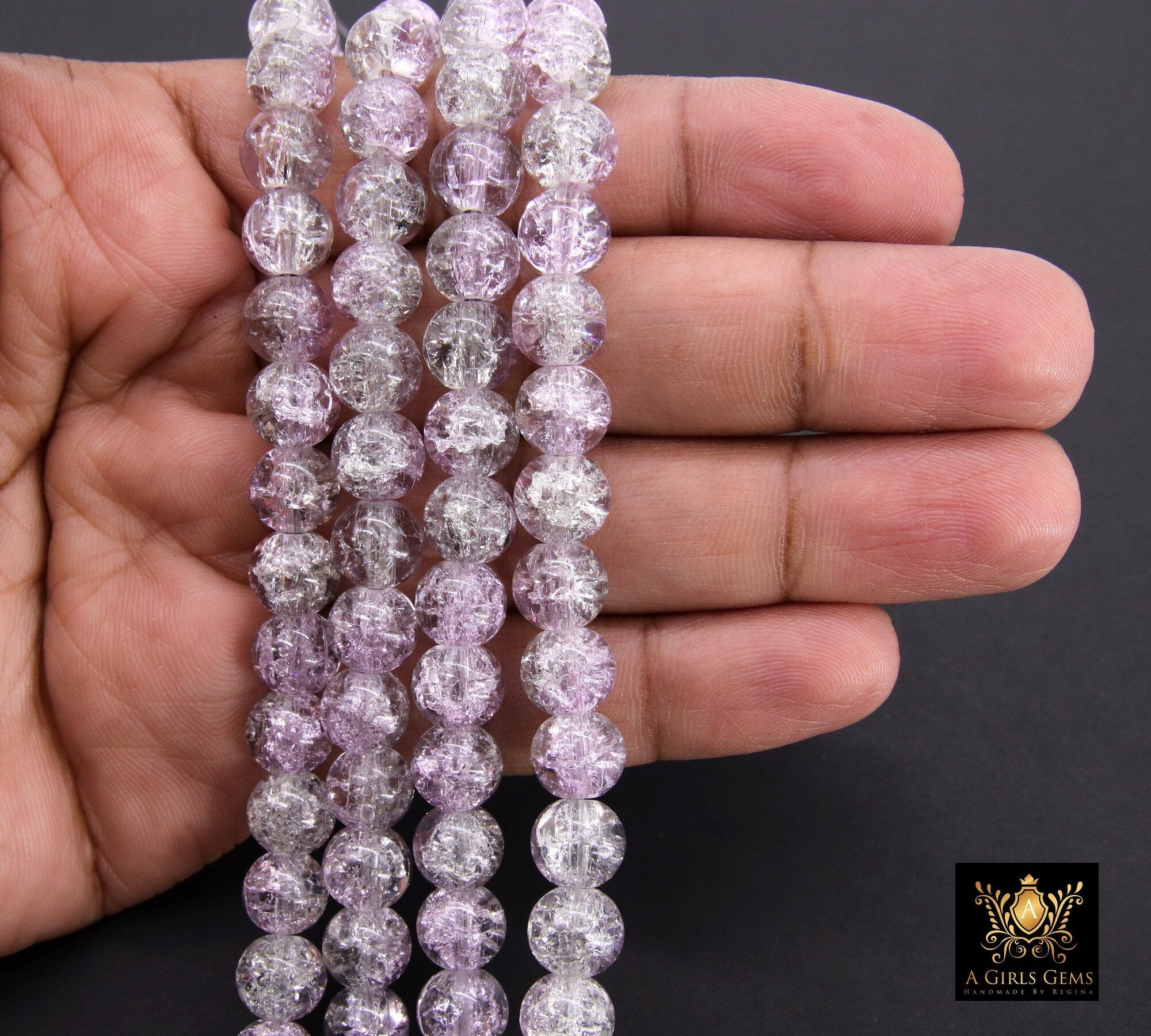 Clear and Purple Round Crystal Beads, Crackled Shimmery Glass Beads BS #122, size 8 mm, 31 inch Jewelry Bead Strands