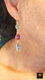 Blue Topaz and Green Amethyst Earrings, 14 K Gold Filled Ear Wire Hooks, Long Pink Tourmaline Gemstone Dangle Earrings