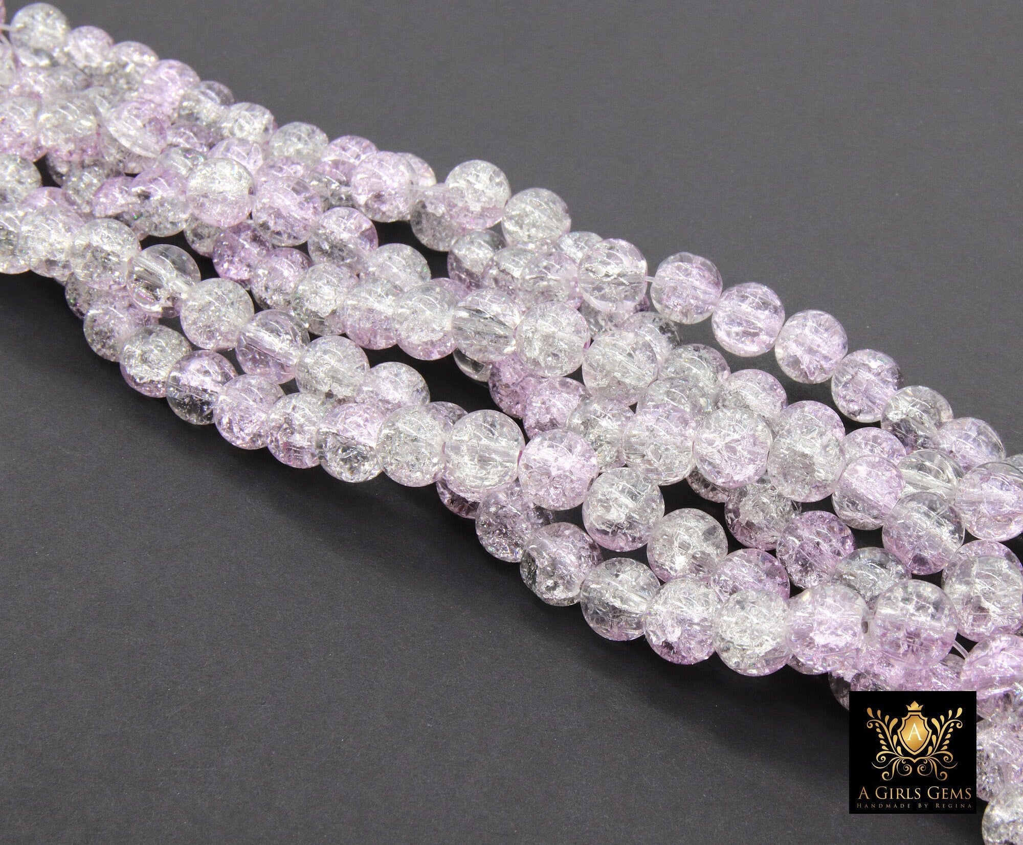 Clear and Purple Round Crystal Beads, Crackled Shimmery Glass Beads BS #122, size 8 mm, 31 inch Jewelry Bead Strands