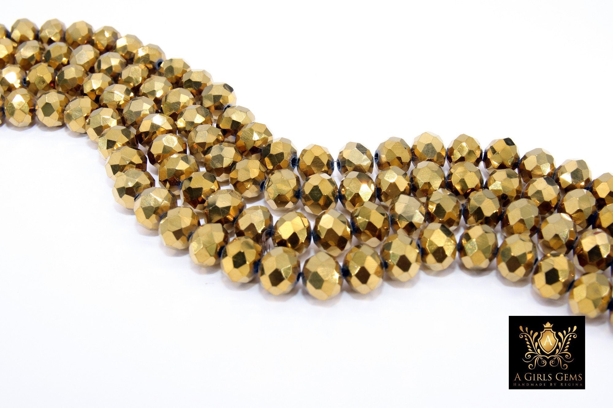 Gold LSU Tiger Beads, Electroplated Gold Crystal Beads BS #223, Rondelle size 7 x 10 mm, 18 Inch Strands